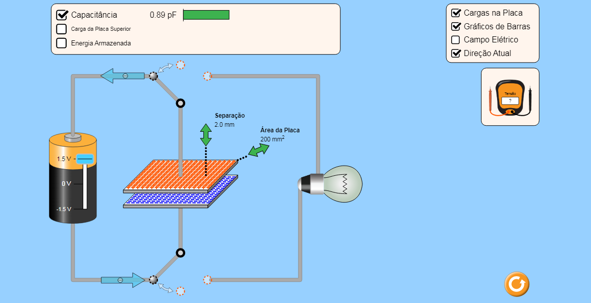 Medição de tensão elétrica em circuito de carga e descarga de capacitor